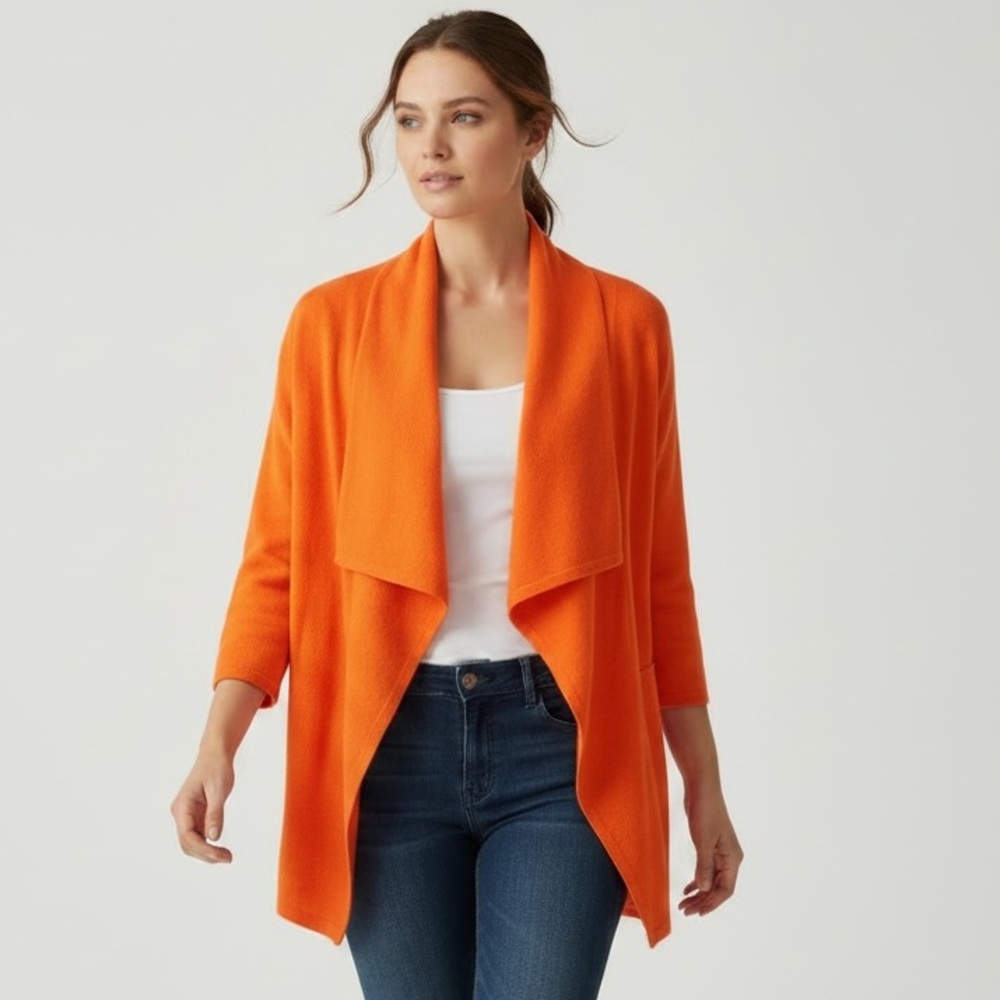 Jeanne Pierre Vibrant Orange Open-Front Waterfall Cotton Cardigan Sweater
New M